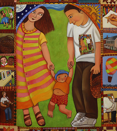 እናት እና አባት ከልጃቸው ውጪ ሲጫወቱ የሚያሳይ ሥዕል።