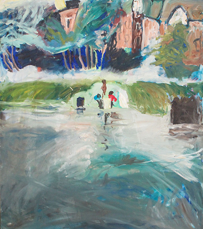 በውሃ ውስጥ የሚጫወቱ የሶስት ልጆች ሥዕል።